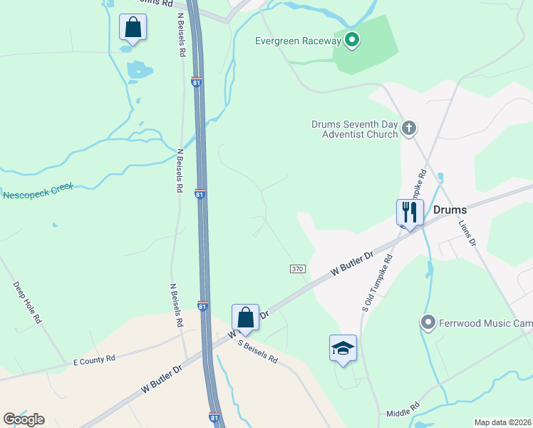 map of restaurants, bars, coffee shops, grocery stores, and more near Township Highway 370 in Luzerne County