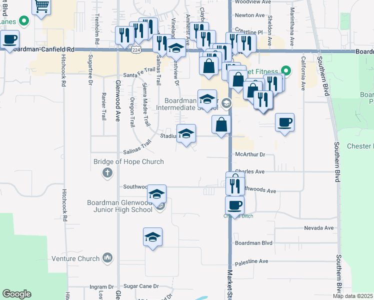 map of restaurants, bars, coffee shops, grocery stores, and more near 111 Stadium Drive in Youngstown
