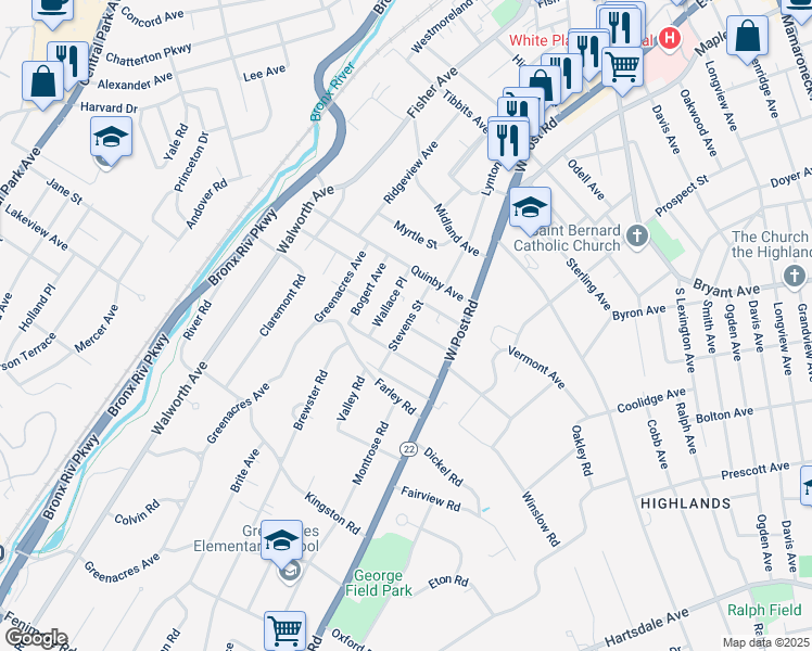 map of restaurants, bars, coffee shops, grocery stores, and more near Stevens Street in White Plains