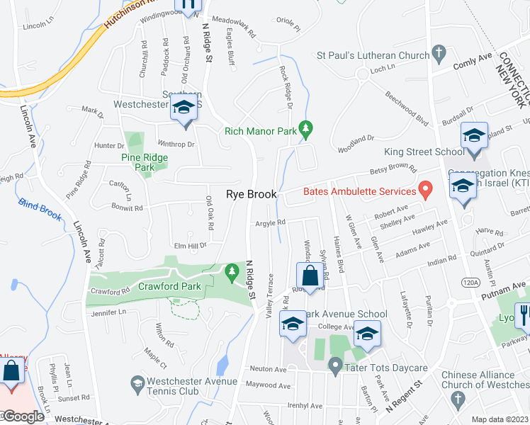 map of restaurants, bars, coffee shops, grocery stores, and more near 90 Valley Terrace in Rye Brook