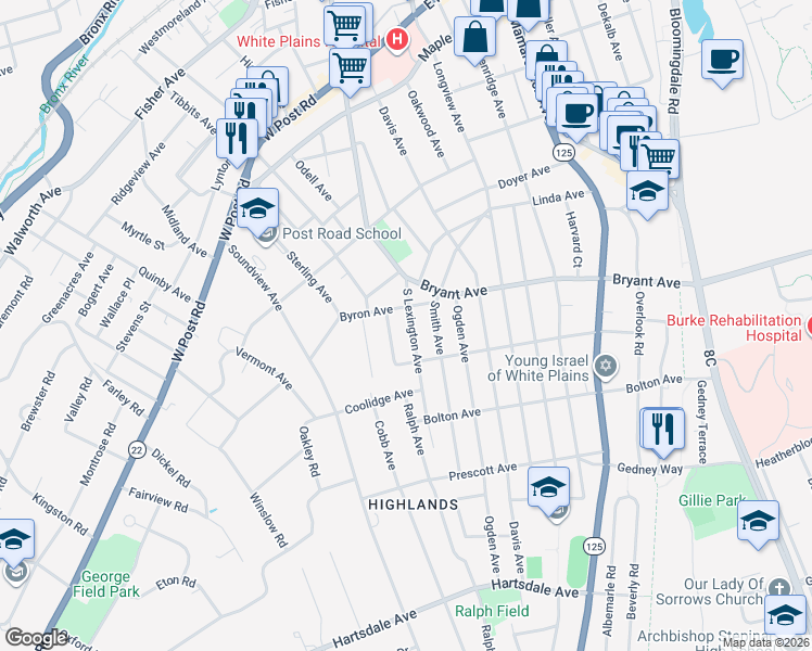 map of restaurants, bars, coffee shops, grocery stores, and more near 424 South Lexington Avenue in White Plains