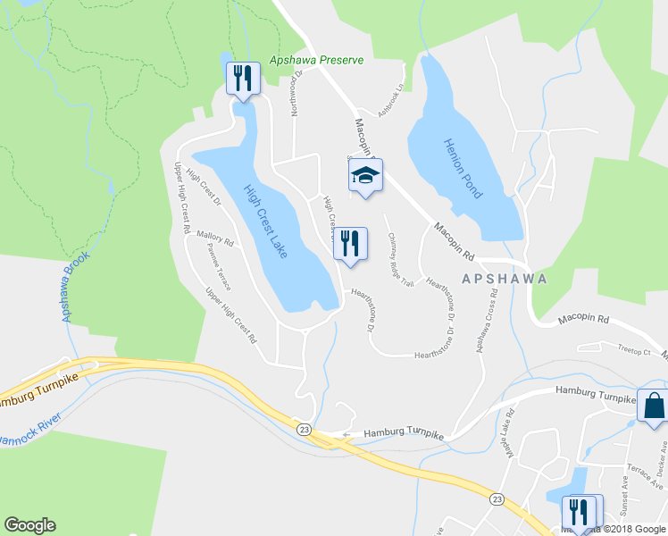 map of restaurants, bars, coffee shops, grocery stores, and more near 119 High Crest Drive in West Milford