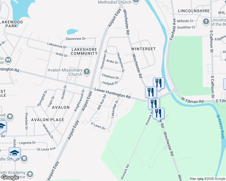 map of restaurants, bars, coffee shops, grocery stores, and more near 801-999 Lower Huntington Road in Fort Wayne