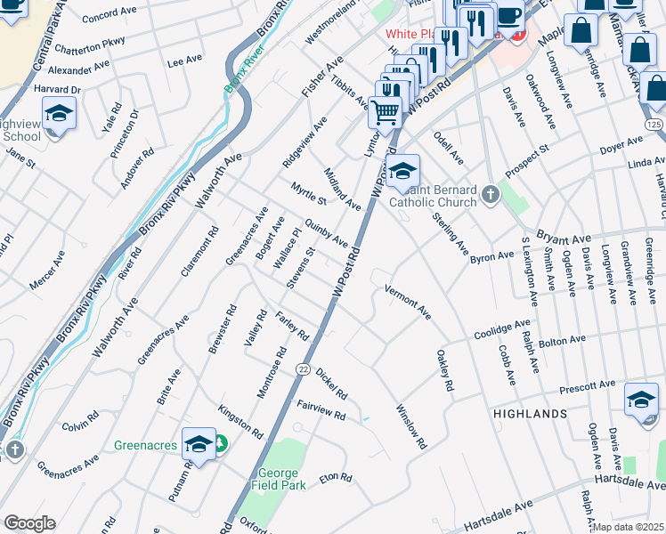 map of restaurants, bars, coffee shops, grocery stores, and more near in White Plains