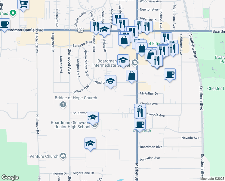 map of restaurants, bars, coffee shops, grocery stores, and more near 111 Stadium Drive in Youngstown