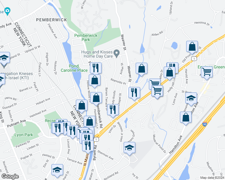 map of restaurants, bars, coffee shops, grocery stores, and more near 45 Byram Terrace Drive in Greenwich