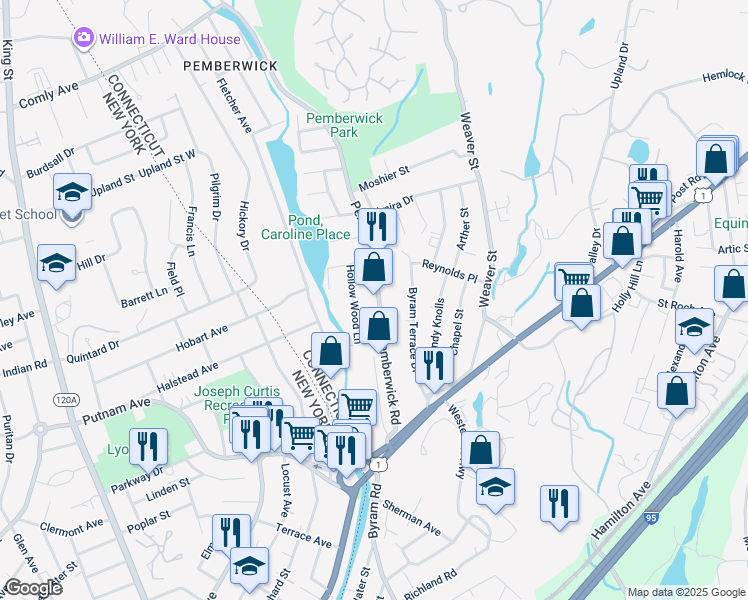 map of restaurants, bars, coffee shops, grocery stores, and more near 51 Pemberwick Road in Greenwich