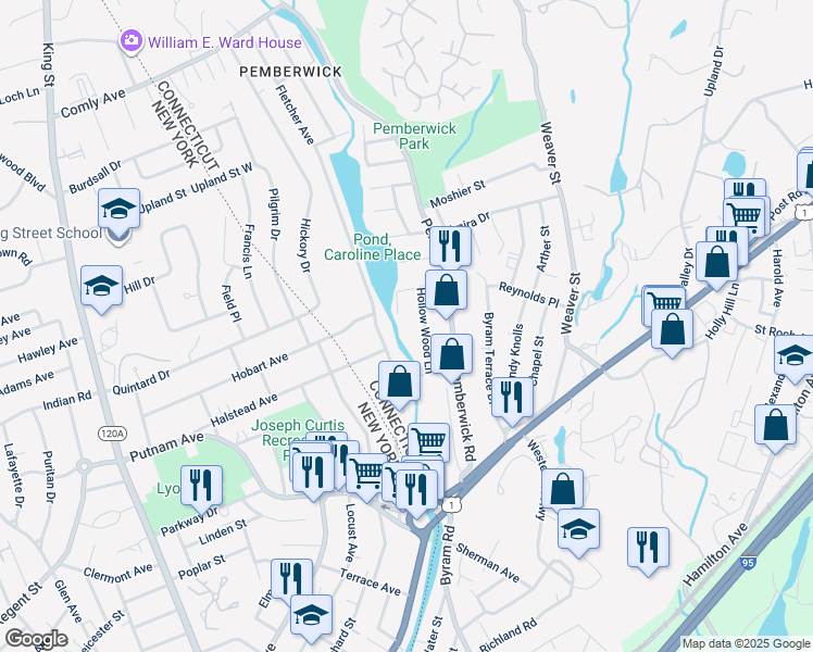 map of restaurants, bars, coffee shops, grocery stores, and more near 14 Hollow Wood Lane in Greenwich