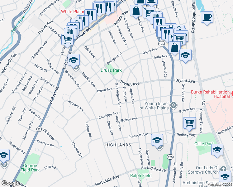 map of restaurants, bars, coffee shops, grocery stores, and more near 424 South Lexington Avenue in White Plains