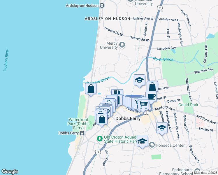 map of restaurants, bars, coffee shops, grocery stores, and more near 100 Cedar Street in Dobbs Ferry