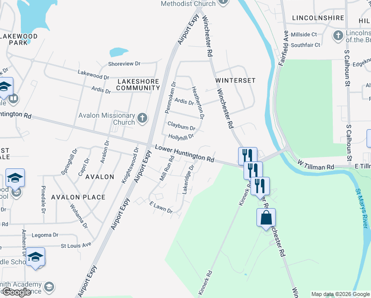 map of restaurants, bars, coffee shops, grocery stores, and more near 801-999 Lower Huntington Road in Fort Wayne