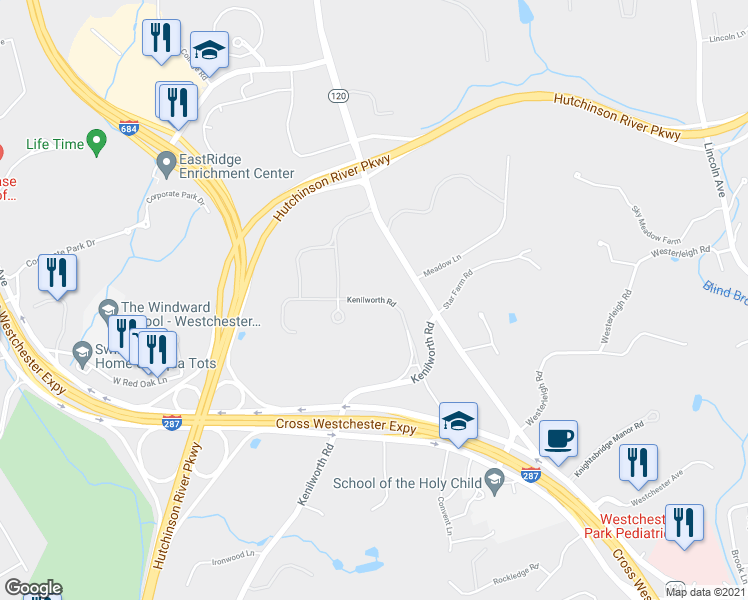 map of restaurants, bars, coffee shops, grocery stores, and more near Kenilworth Road in Purchase