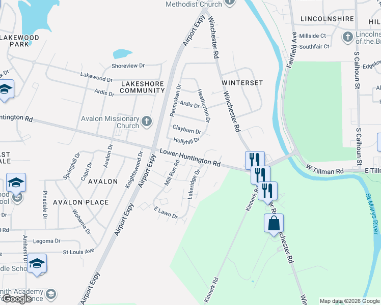 map of restaurants, bars, coffee shops, grocery stores, and more near 801-999 Lower Huntington Road in Fort Wayne