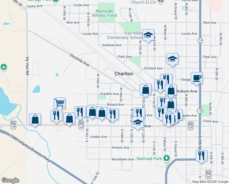 map of restaurants, bars, coffee shops, grocery stores, and more near 1410 Franklin Avenue in Chariton