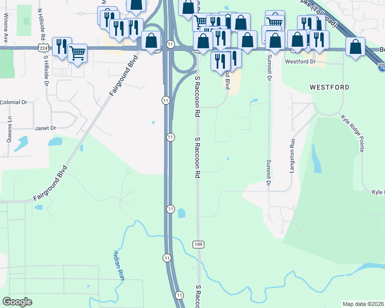 map of restaurants, bars, coffee shops, grocery stores, and more near 6670-6870 South Raccoon Road in Canfield