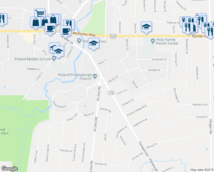 map of restaurants, bars, coffee shops, grocery stores, and more near 6300 Youngstown - Pittsburgh Road in Youngstown