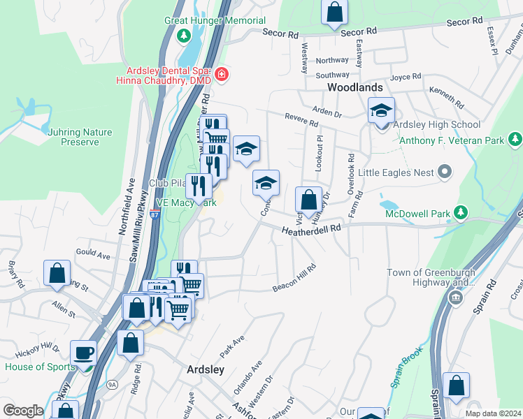 map of restaurants, bars, coffee shops, grocery stores, and more near 6 Concord Road in Ardsley