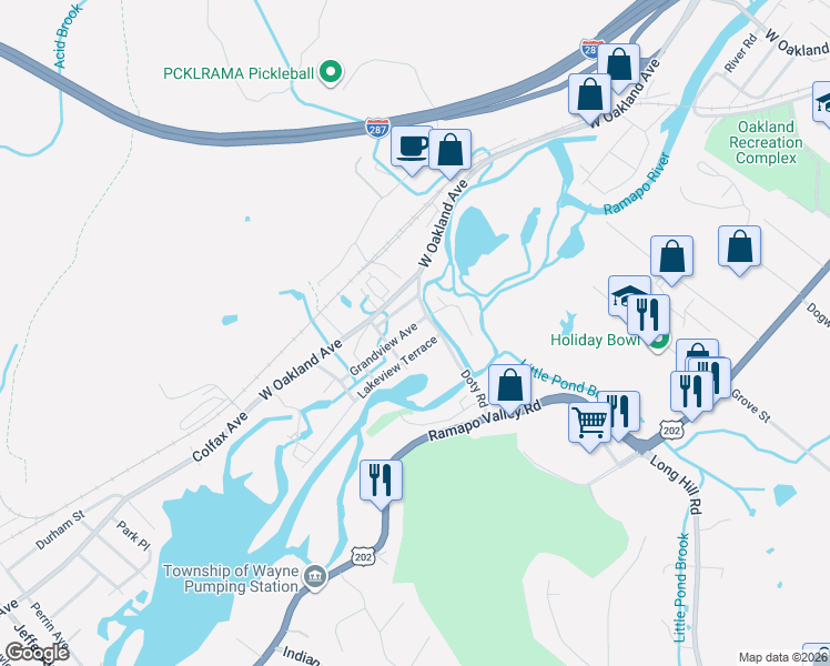 map of restaurants, bars, coffee shops, grocery stores, and more near 28 Lakeview Terrace in Oakland