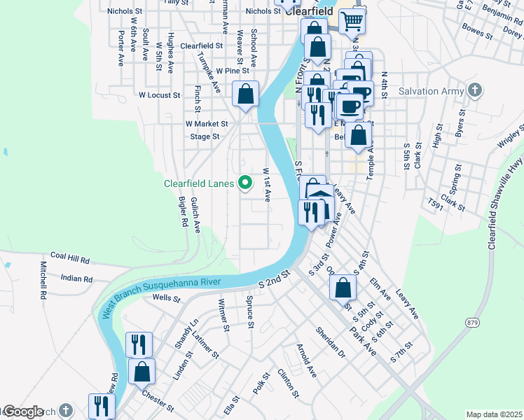 map of restaurants, bars, coffee shops, grocery stores, and more near 307 West 1st Avenue in Clearfield