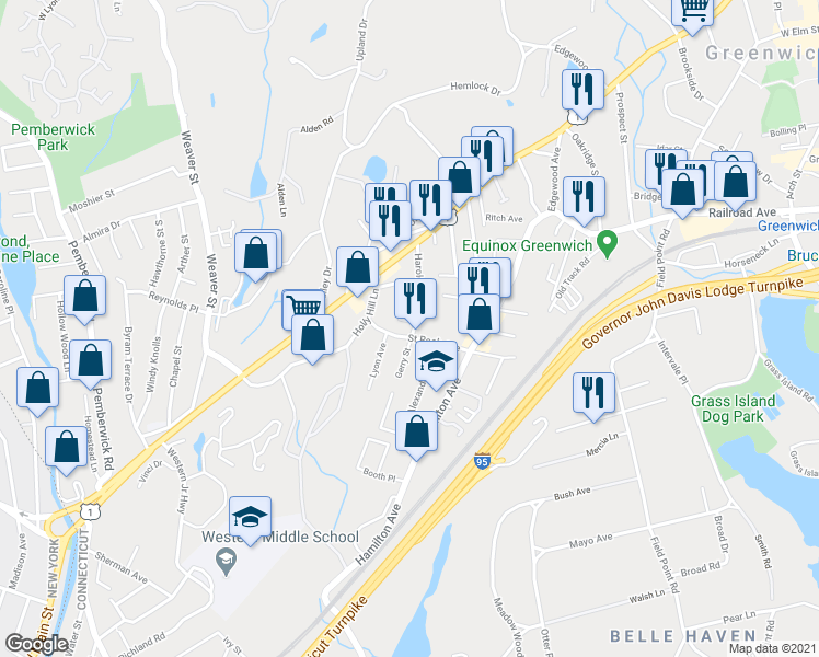 map of restaurants, bars, coffee shops, grocery stores, and more near 6 Harold Avenue in Greenwich