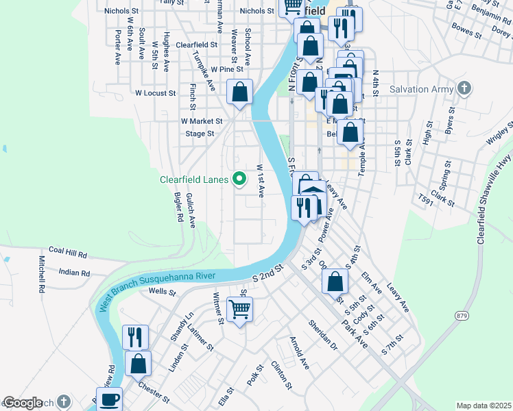 map of restaurants, bars, coffee shops, grocery stores, and more near 307 West 1st Avenue in Clearfield