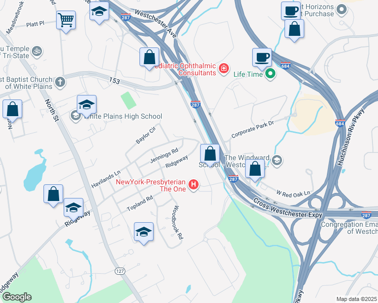 map of restaurants, bars, coffee shops, grocery stores, and more near 683 Ridgeway in White Plains
