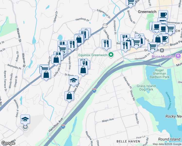 map of restaurants, bars, coffee shops, grocery stores, and more near 18 Stone Avenue in Greenwich