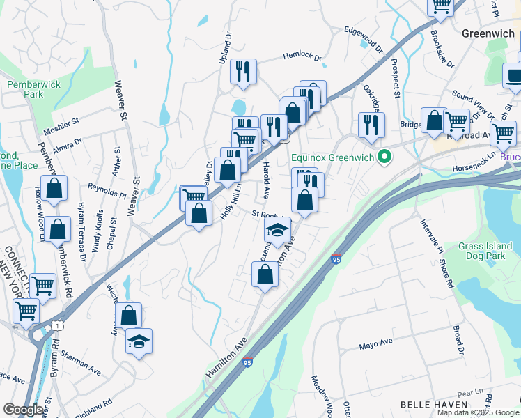 map of restaurants, bars, coffee shops, grocery stores, and more near 26 Saint Roch Avenue in Greenwich
