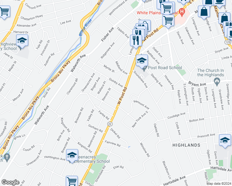 map of restaurants, bars, coffee shops, grocery stores, and more near in White Plains