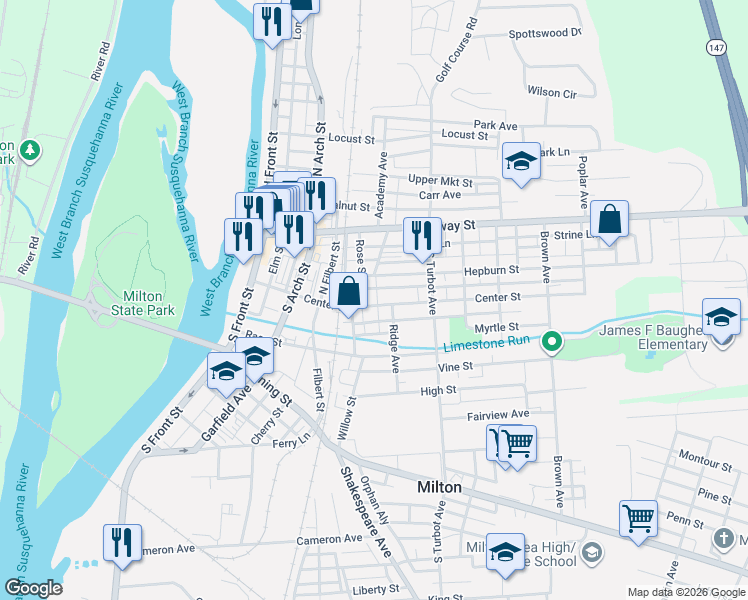 map of restaurants, bars, coffee shops, grocery stores, and more near 122 South Center Street in Milton