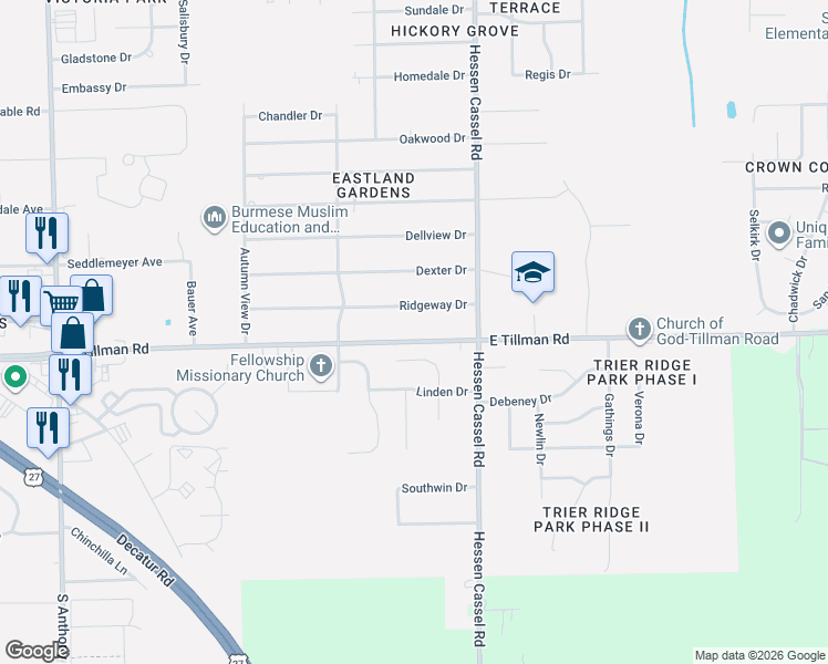 map of restaurants, bars, coffee shops, grocery stores, and more near 7429 Leswood Court in Fort Wayne