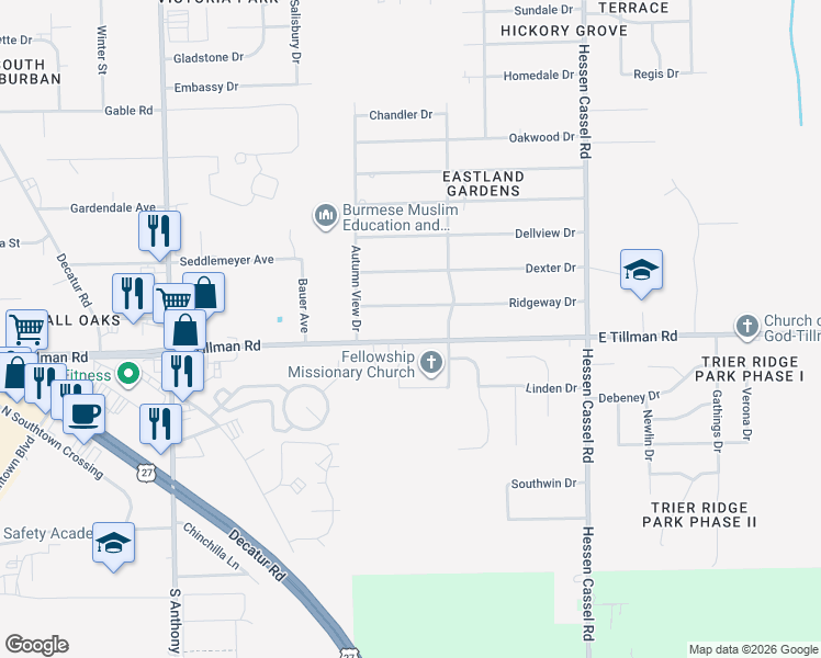 map of restaurants, bars, coffee shops, grocery stores, and more near 2648-2798 East Tillman Road in Fort Wayne