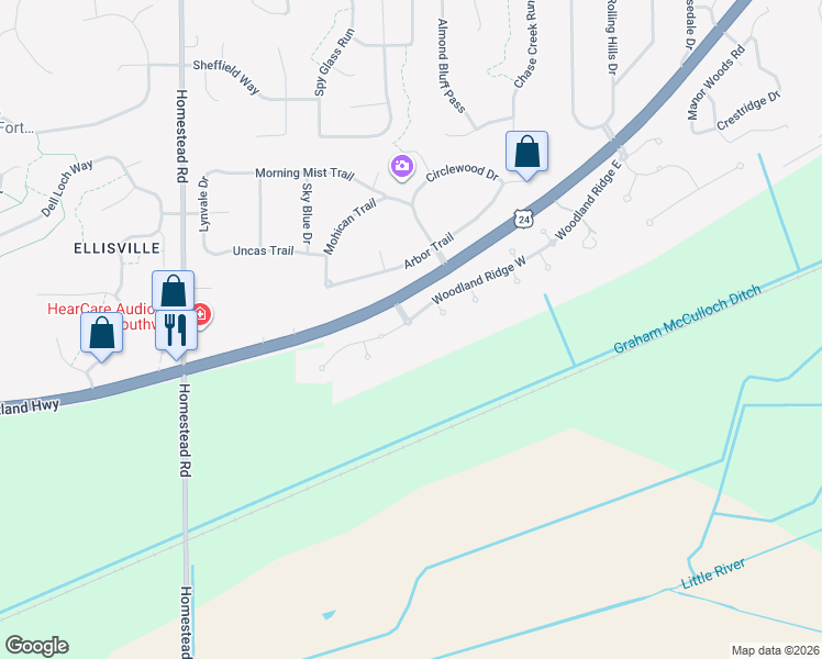 map of restaurants, bars, coffee shops, grocery stores, and more near 10401 Woodland Ridge West in Fort Wayne