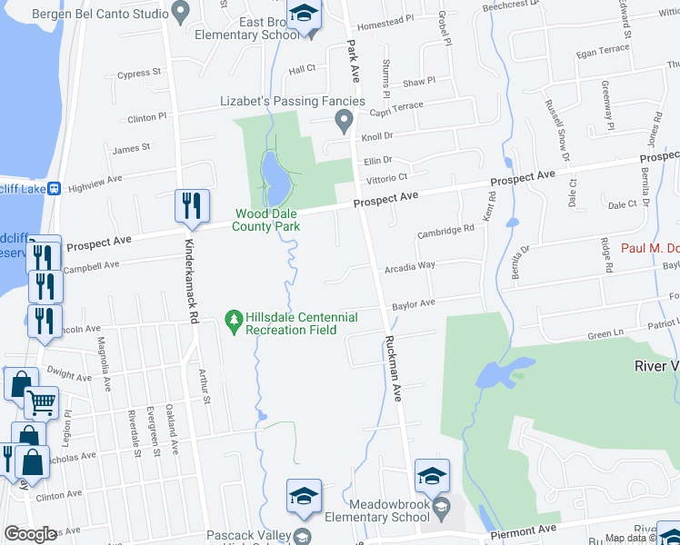 map of restaurants, bars, coffee shops, grocery stores, and more near 16 Natmark Court in Woodcliff Lake