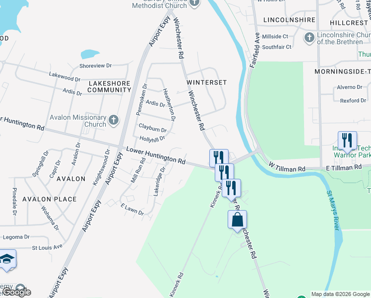 map of restaurants, bars, coffee shops, grocery stores, and more near 803 Lakeridge Place in Fort Wayne