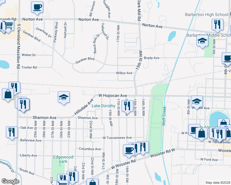 map of restaurants, bars, coffee shops, grocery stores, and more near 263 19th Street Northwest in Barberton