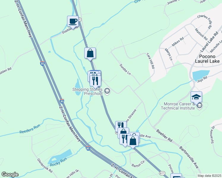 map of restaurants, bars, coffee shops, grocery stores, and more near Beehler Road in Stroudsburg