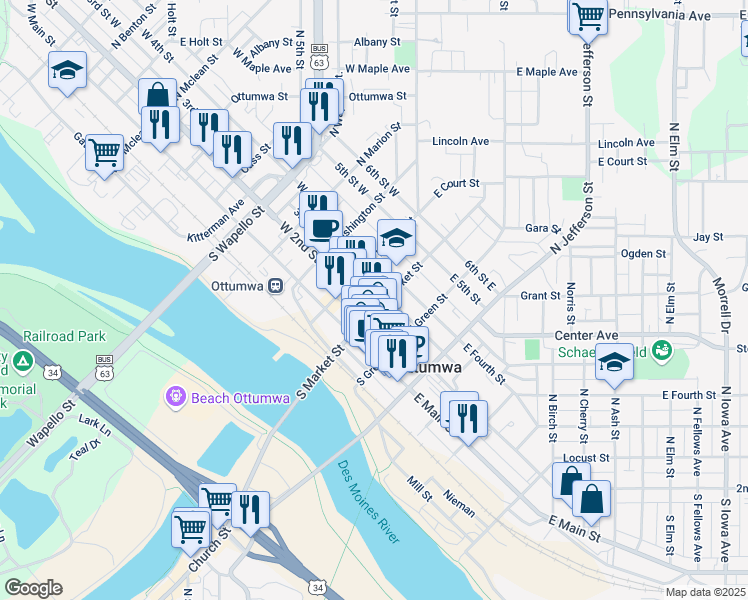 map of restaurants, bars, coffee shops, grocery stores, and more near 109 North Market Street in Ottumwa