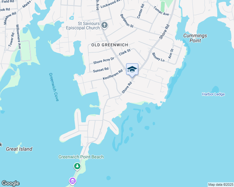 map of restaurants, bars, coffee shops, grocery stores, and more near 176 Shore Road in Greenwich
