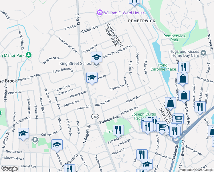 map of restaurants, bars, coffee shops, grocery stores, and more near 13 Barrett Lane in Port Chester