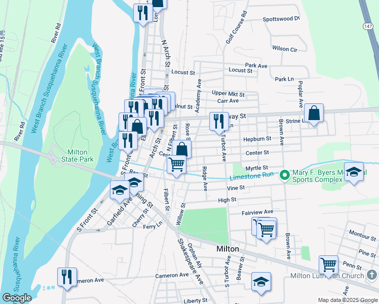 map of restaurants, bars, coffee shops, grocery stores, and more near 122 South Center Street in Milton