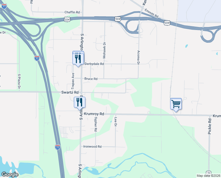 map of restaurants, bars, coffee shops, grocery stores, and more near 1168 Swartz Road in Akron