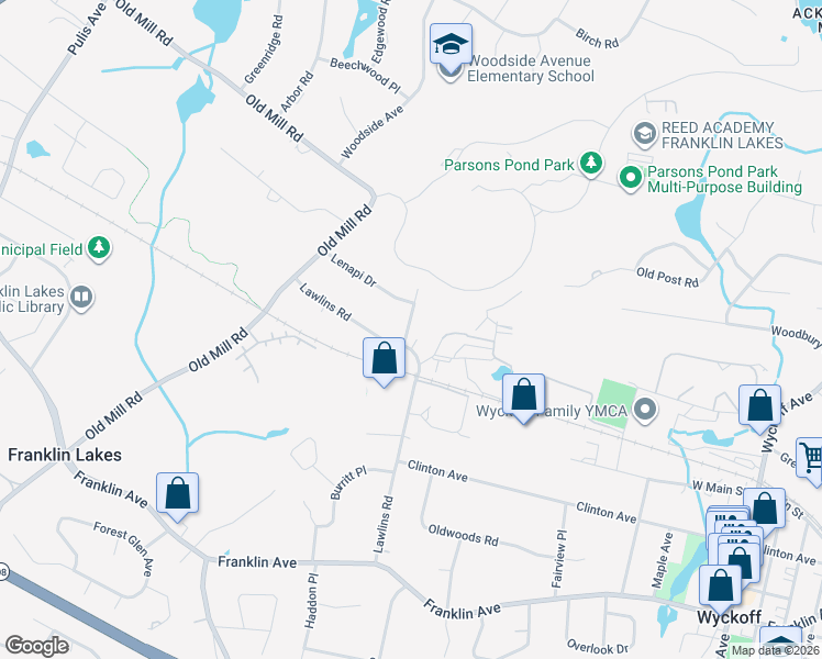 map of restaurants, bars, coffee shops, grocery stores, and more near 708 Lawlins Road in Franklin Lakes