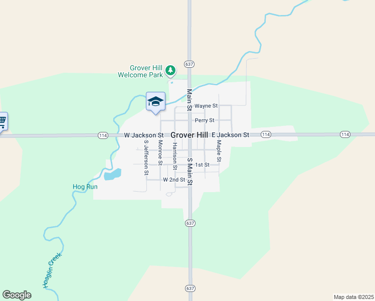 map of restaurants, bars, coffee shops, grocery stores, and more near 100-198 W 1st St in Grover Hill