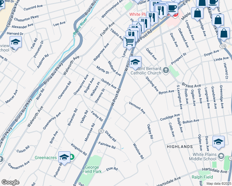 map of restaurants, bars, coffee shops, grocery stores, and more near 250 West Post Road in White Plains