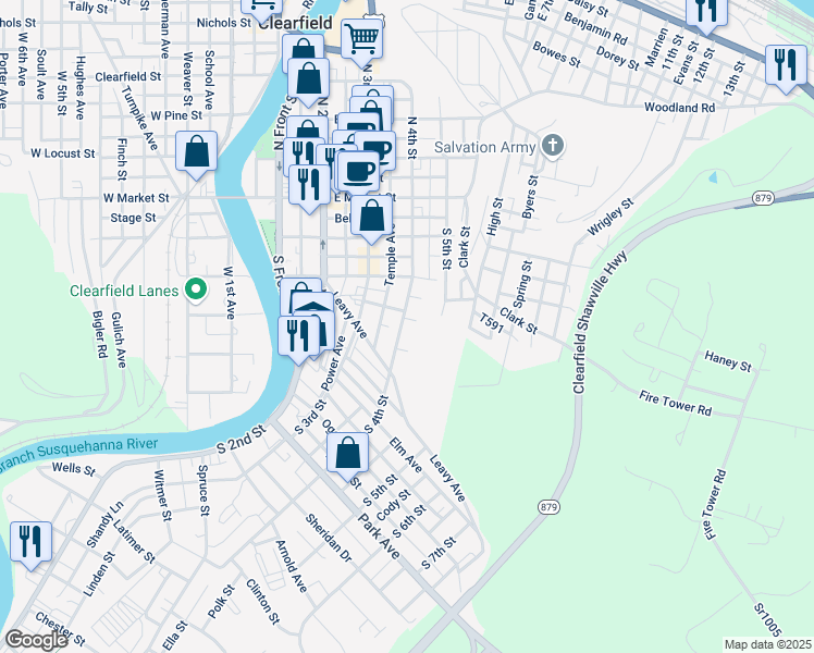 map of restaurants, bars, coffee shops, grocery stores, and more near 322 S 4th St in Clearfield