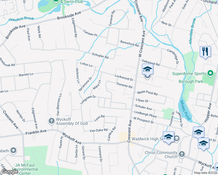 map of restaurants, bars, coffee shops, grocery stores, and more near 17 Pineview Drive in Waldwick