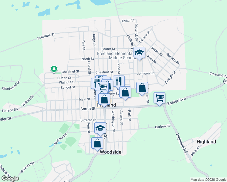 map of restaurants, bars, coffee shops, grocery stores, and more near 720 Pine Street in Freeland