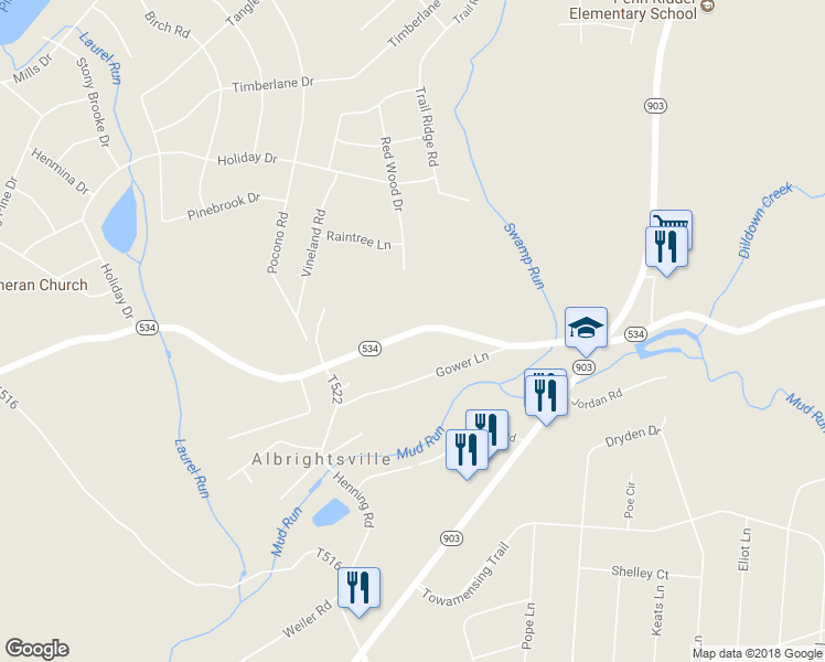 map of restaurants, bars, coffee shops, grocery stores, and more near 1591 Highway 534 in Albrightsville