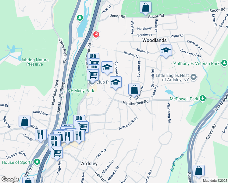 map of restaurants, bars, coffee shops, grocery stores, and more near 16 Concord Road in Ardsley